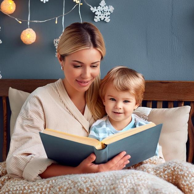 Eine Mutter liest ihrem Kind im Bett aus einem Buch vor